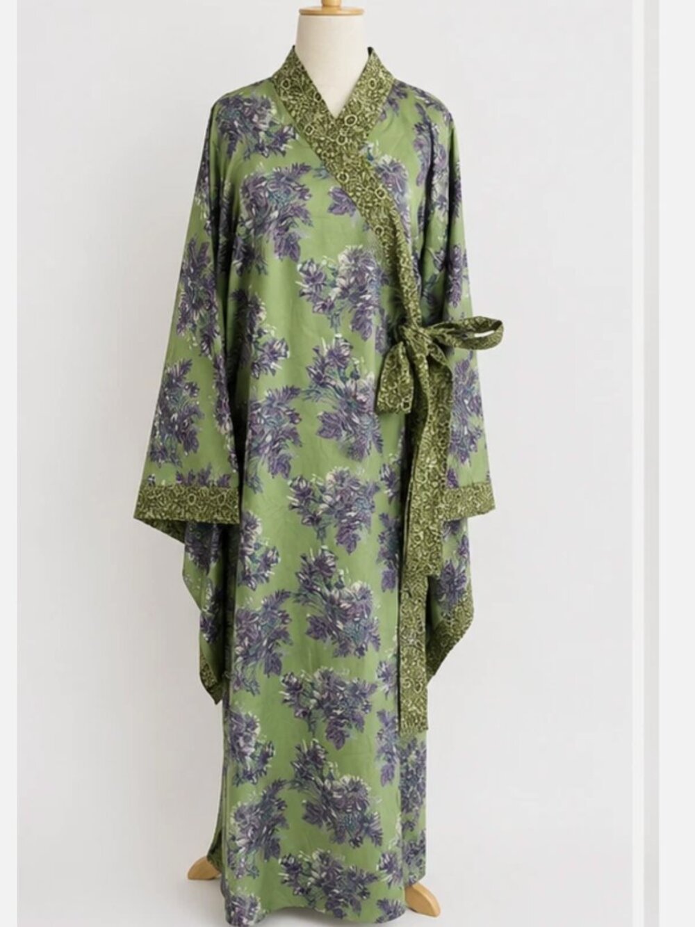 Floral Kimono Robe Maxi Wrap Sage Green Purple Contrast Trim Gown Cottage Core
